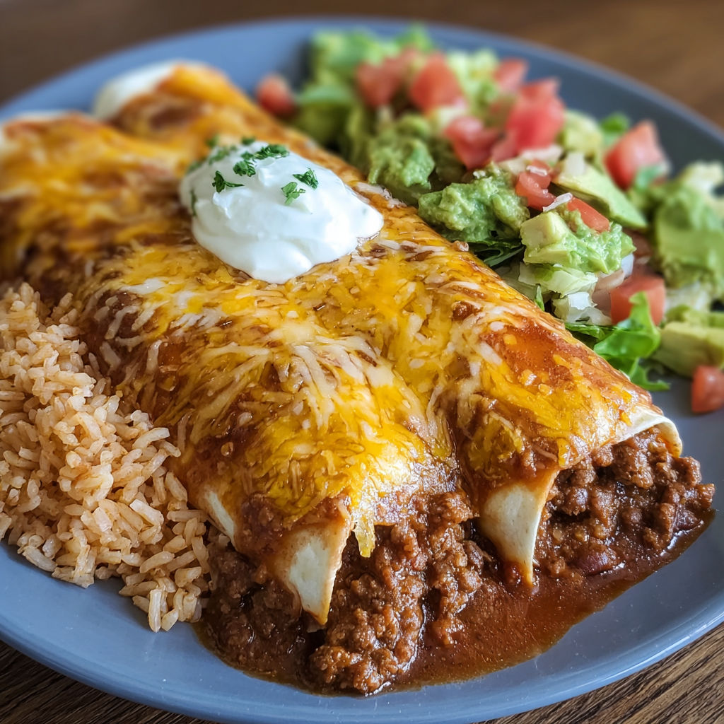 A plate of Mexican food, including beef and bean burritos Chimayo, is served with a side of rice and a salad.