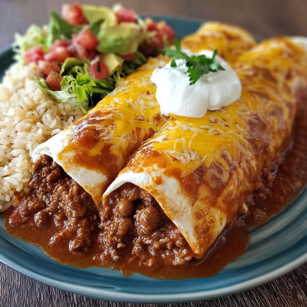 A plate of Mexican food, including a chicken enchilada and a salad, sits on a wooden table.