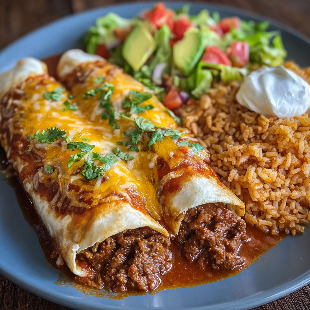 A plate of food with a chicken enchilada, rice, and salad.