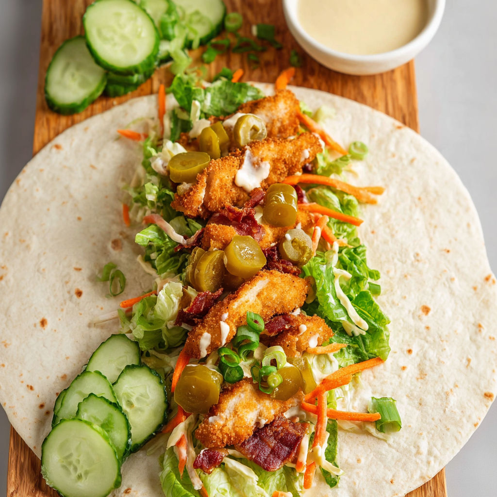 A taco with lettuce, carrots, and bacon is served on a wooden cutting board.