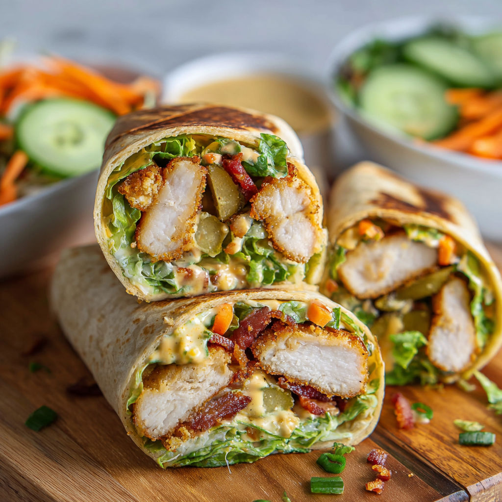 A delicious chicken wrap with bacon and lettuce is served on a wooden cutting board.