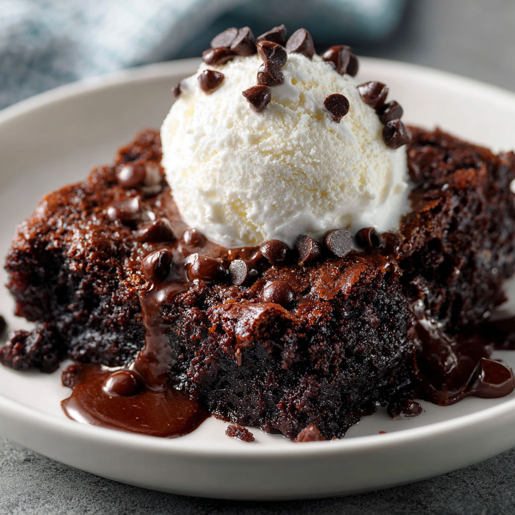 A delicious chocolate dump cake with a scoop of vanilla ice cream on top.