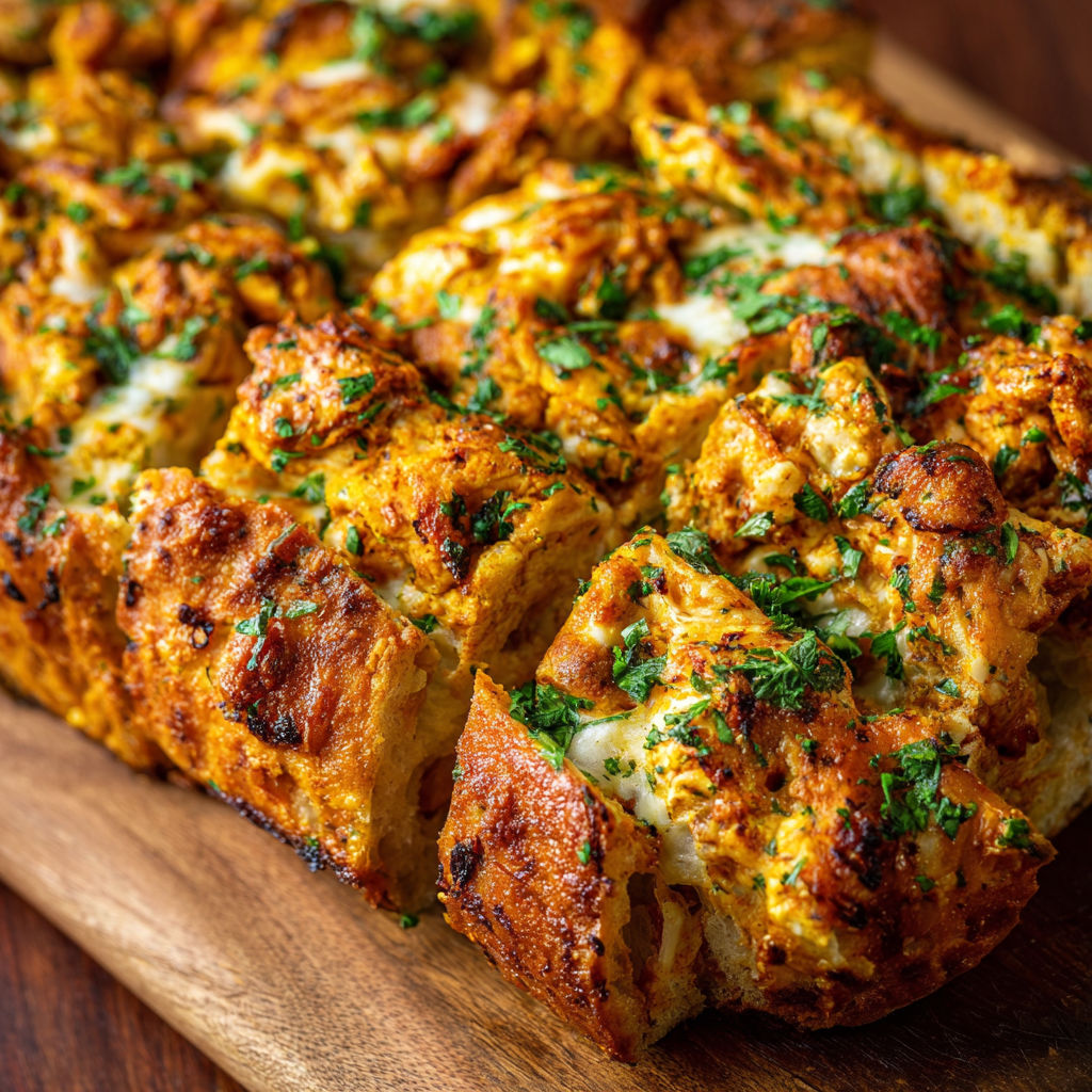 A slice of Tandoori Chicken Garlic Bread on a wooden cutting board.