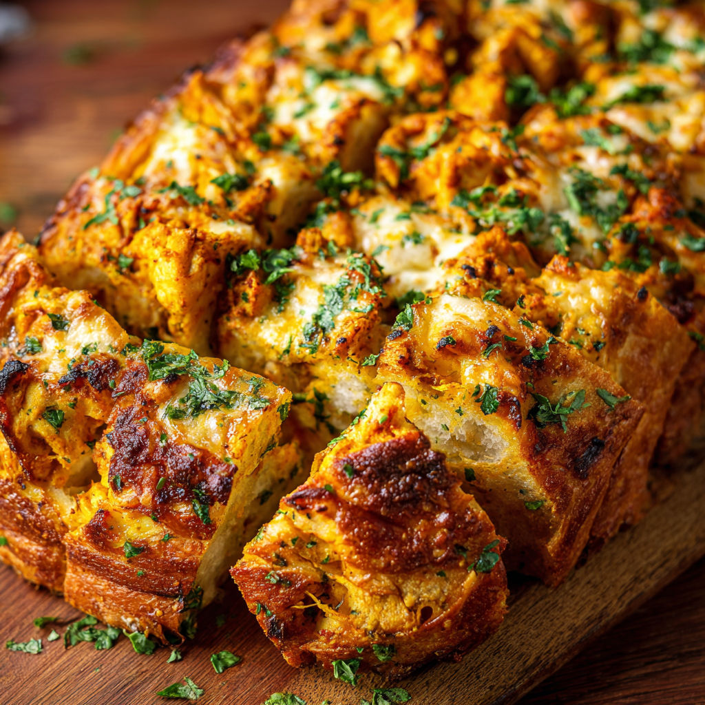 A slice of cheesy bread with a green herb on top.