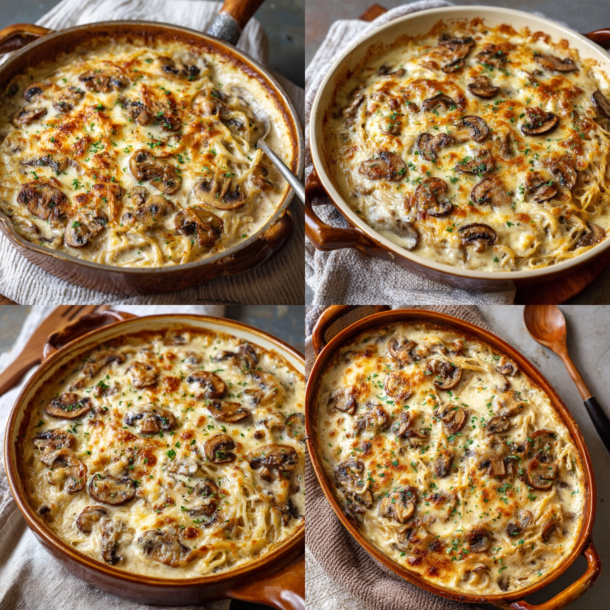 A close up of a delicious mushroom and cheese dish, with four different angles to showcase the mouth-watering details.