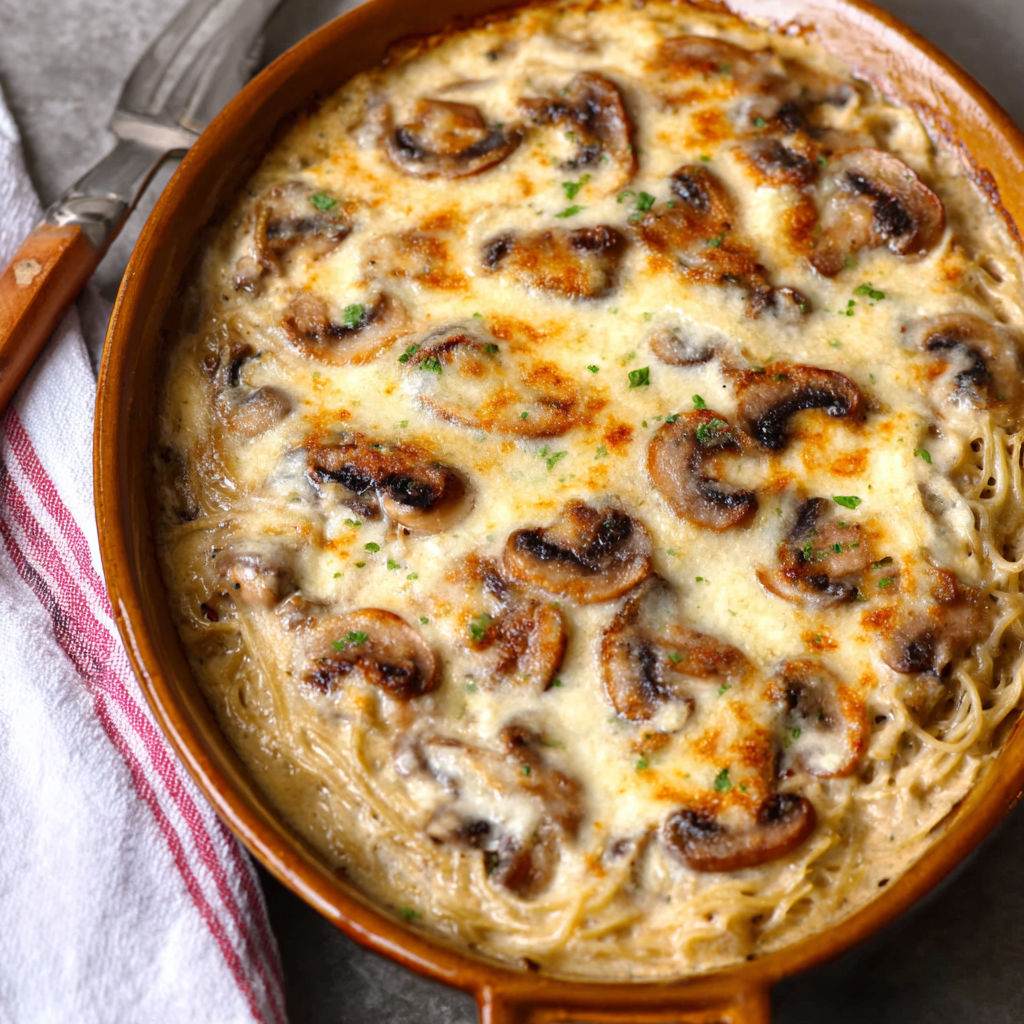 A delicious Creamy Russian Mushroom Julienne dish, served in a bowl with a fork nearby.