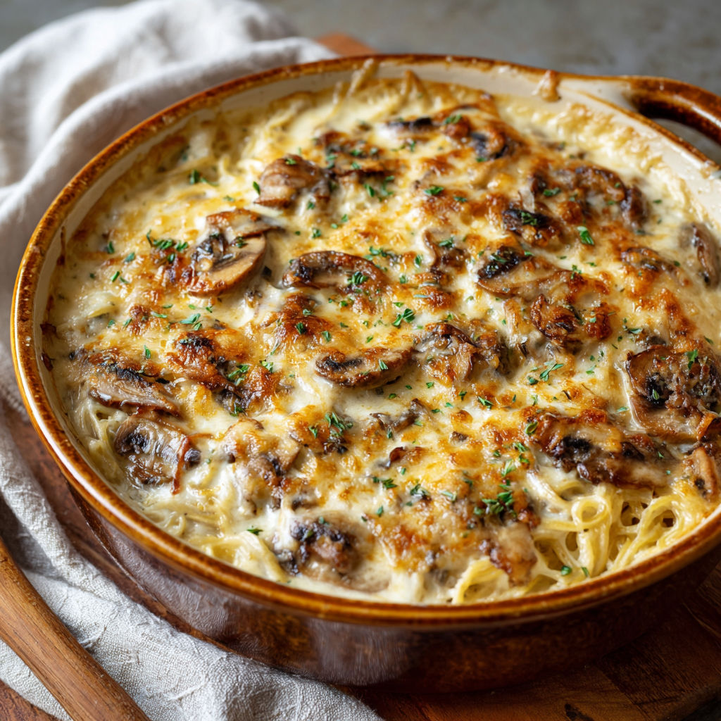 A delicious looking casserole dish filled with mushrooms and cheese.