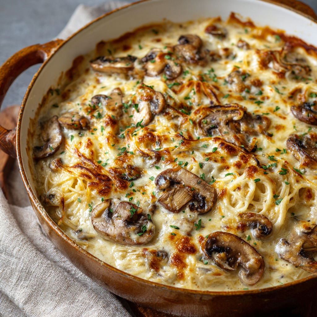 A delicious mushroom and cheese casserole in a brown bowl.