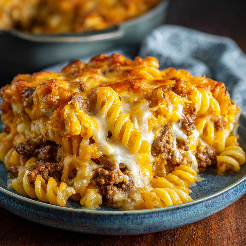 A plate of pasta with meat and cheese on top.