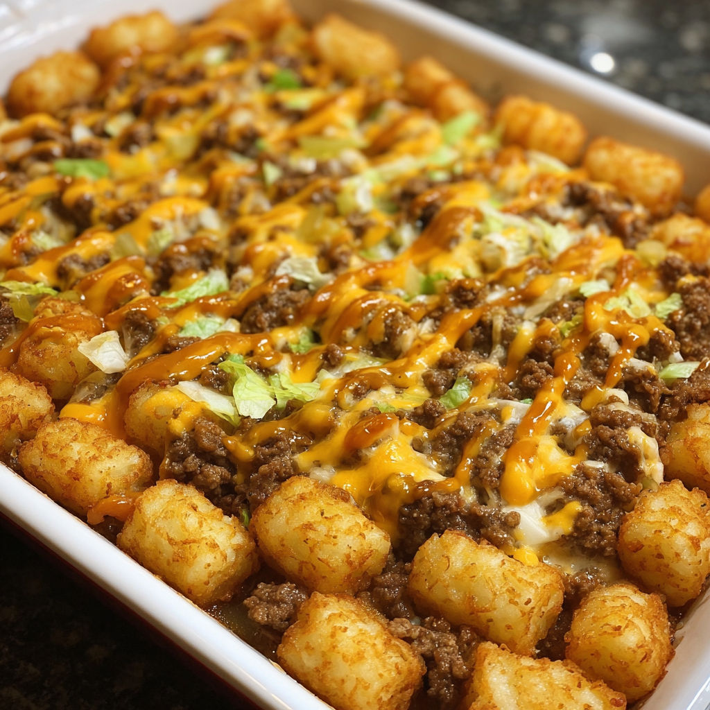 A delicious Big Mac Tater Tot Casserole, ready to be served.