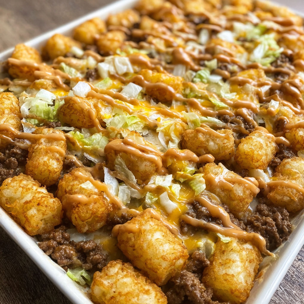 A delicious and hearty meal, the Tater Tot Casserole, is served in a white bowl.