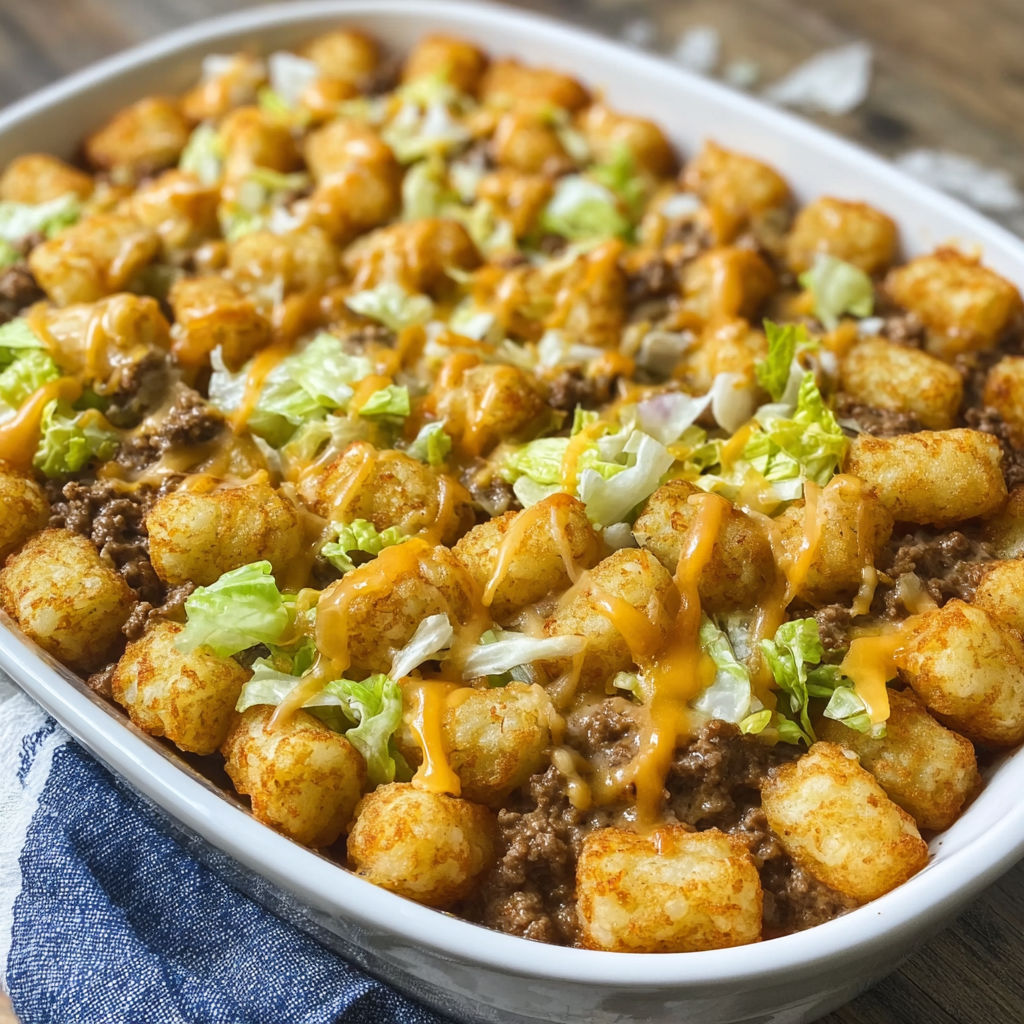A delicious meal of tater tots and meat in a white bowl.