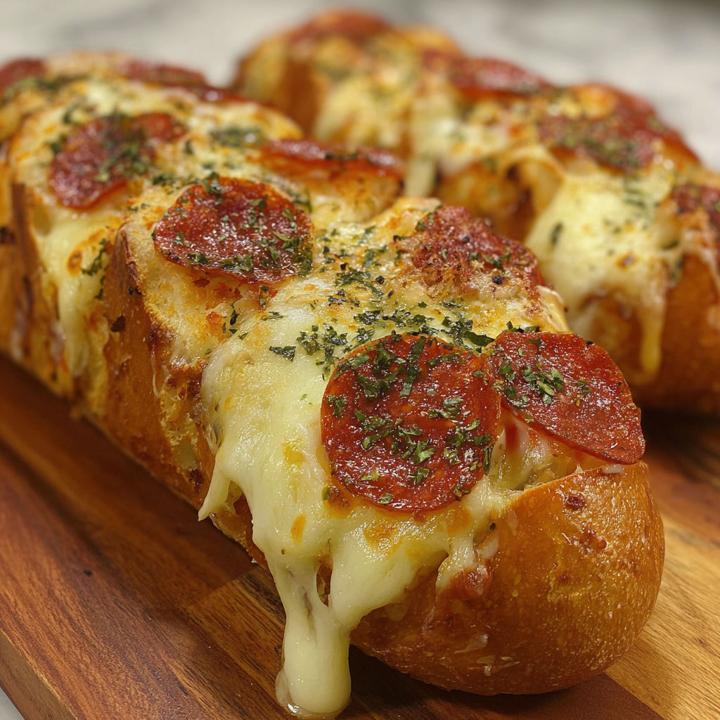 A slice of cheesy pizza bread loaf on a wooden cutting board.