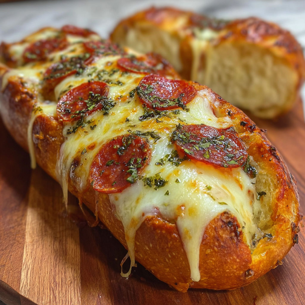 A pepperoni and cheese stuffed bread is displayed on a wooden cutting board.