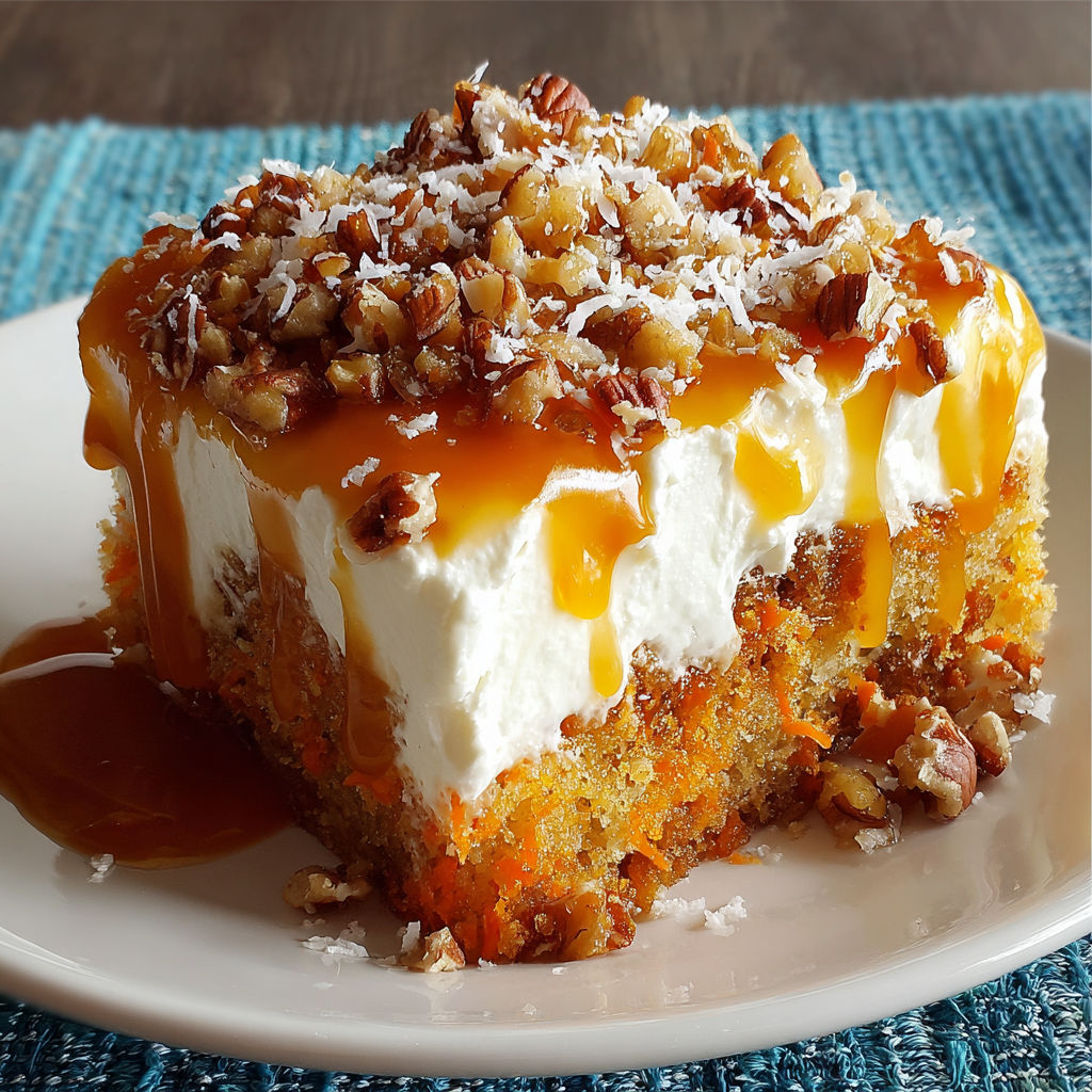 A slice of carrot cake with white frosting and nuts on top.