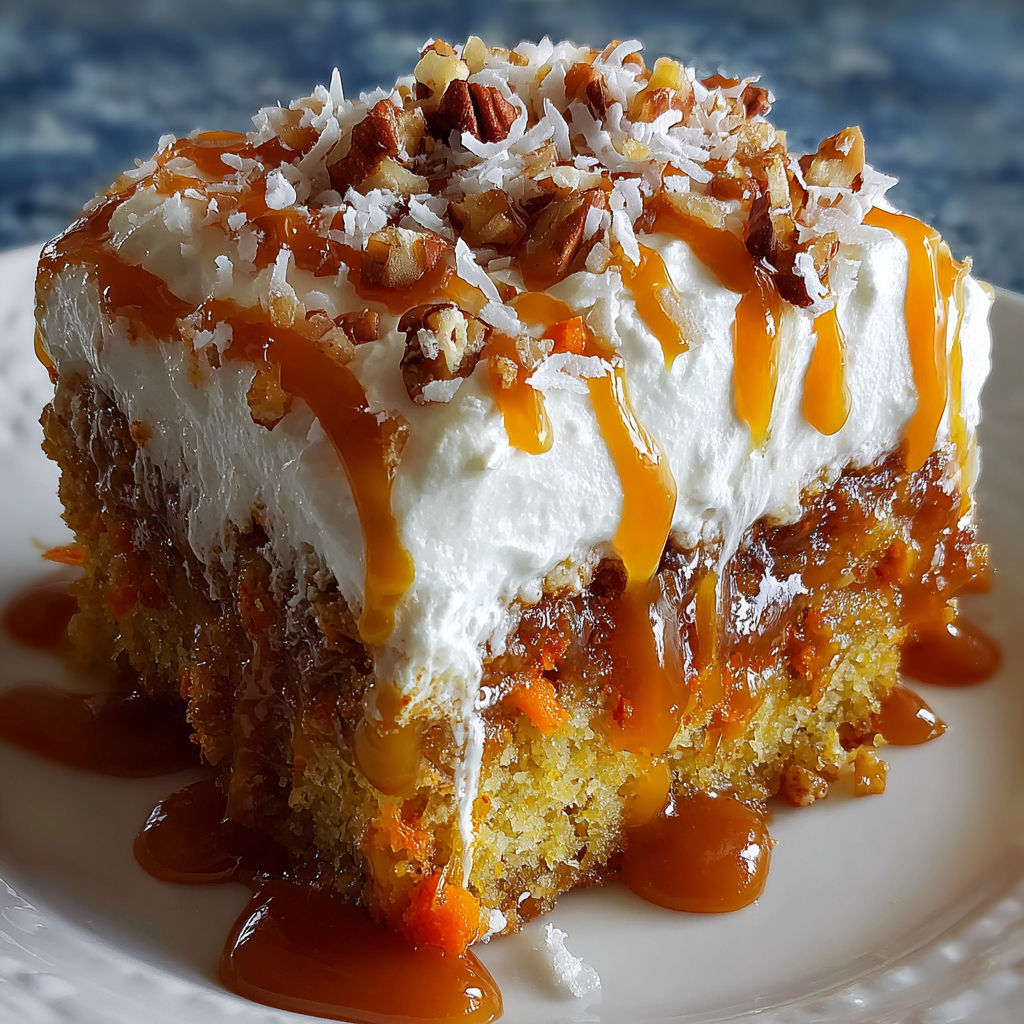 A slice of carrot cake with a drizzle of caramel sauce on top.