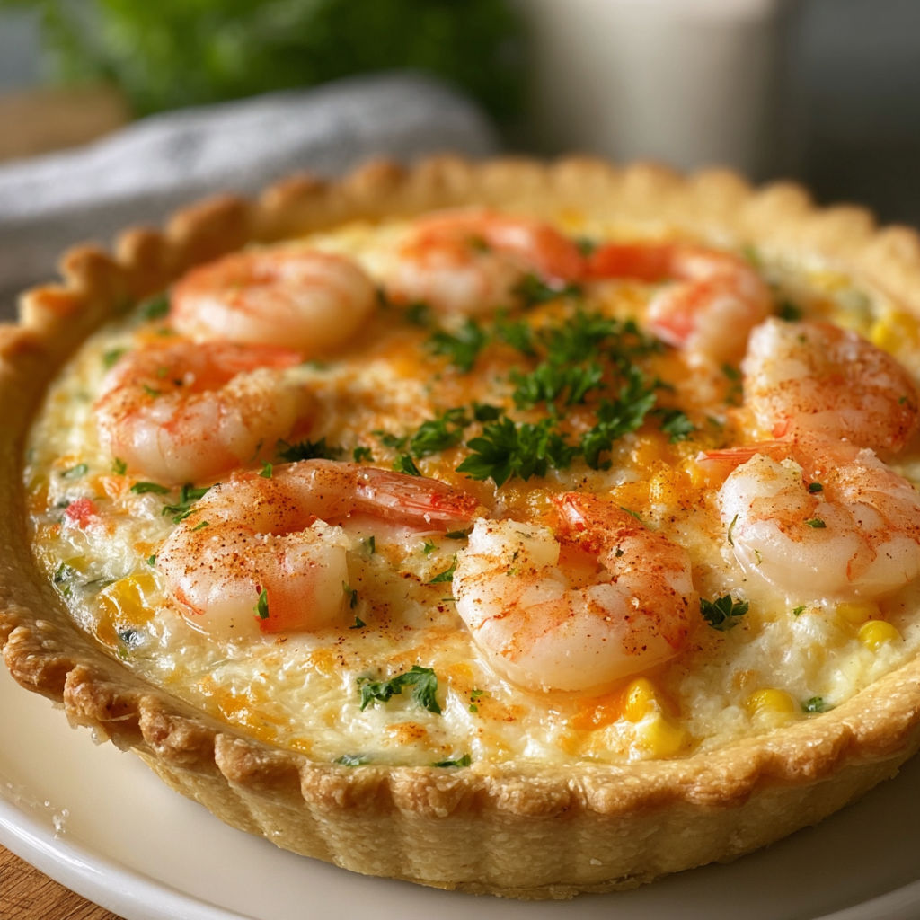 A delicious Florida Shrimp Pie is served in a white plate.