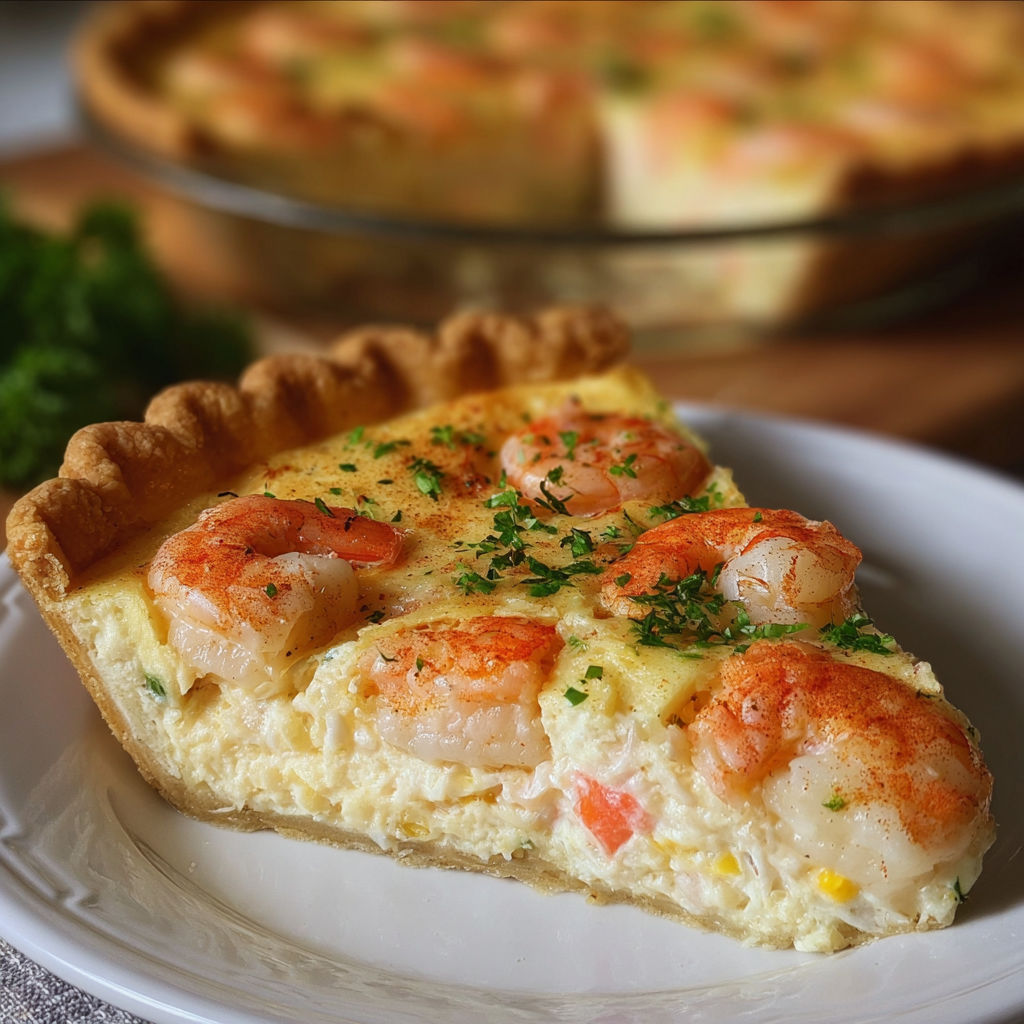 A slice of shrimp and cheese pie on a white plate.