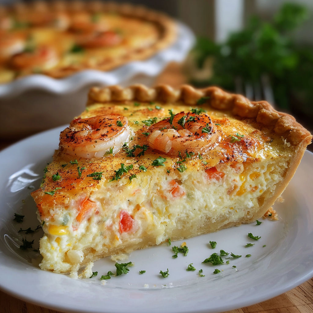 A slice of Shrimp and Corn Quiche on a white plate.