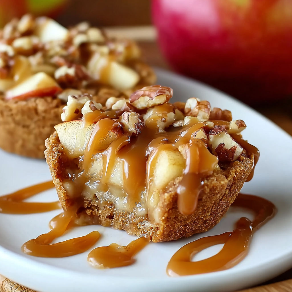 A delicious dessert made with apples and walnuts, drizzled with caramel sauce.