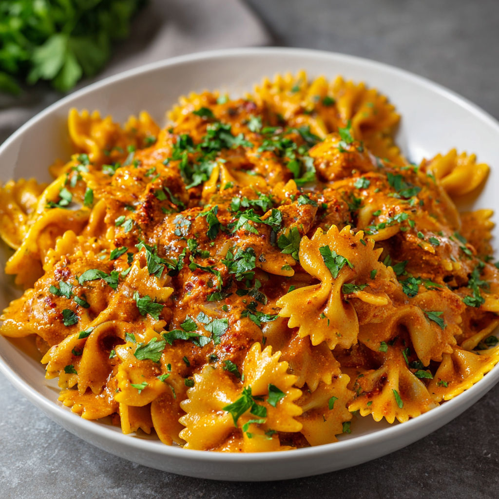 A bowl of Tikka Masala Pasta with a generous amount of sauce and garnished with green herbs.