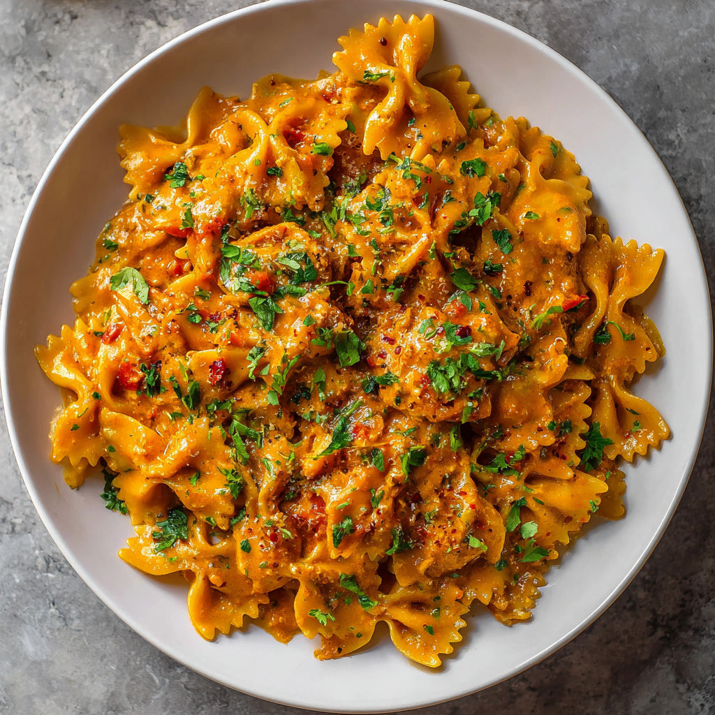 A plate of pasta with a creamy sauce and cheese, topped with herbs and spices.