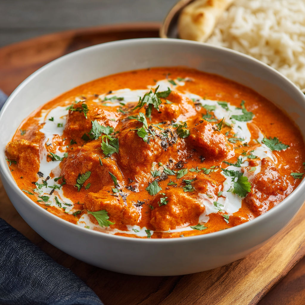 A bowl of Butter Chicken with a spoon and a plate of rice.