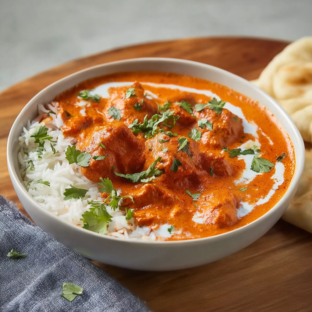 A bowl of Indian food with rice and meat, accompanied by a side of naan bread.