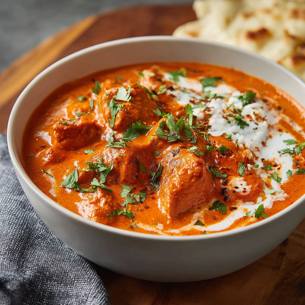 A bowl of Indian food, possibly chicken curry, is served on a wooden table.