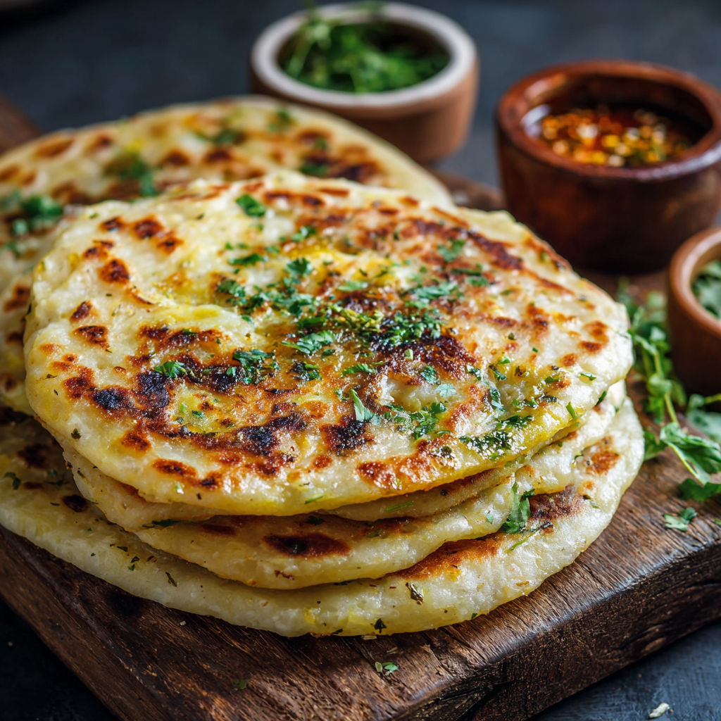 A stack of tortillas with a bowl of salsa and a bowl of herbs on a table.
