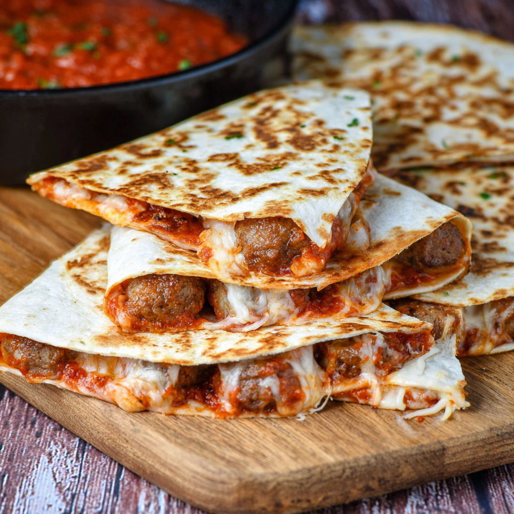 A stack of meatball quesadillas on a wooden cutting board.