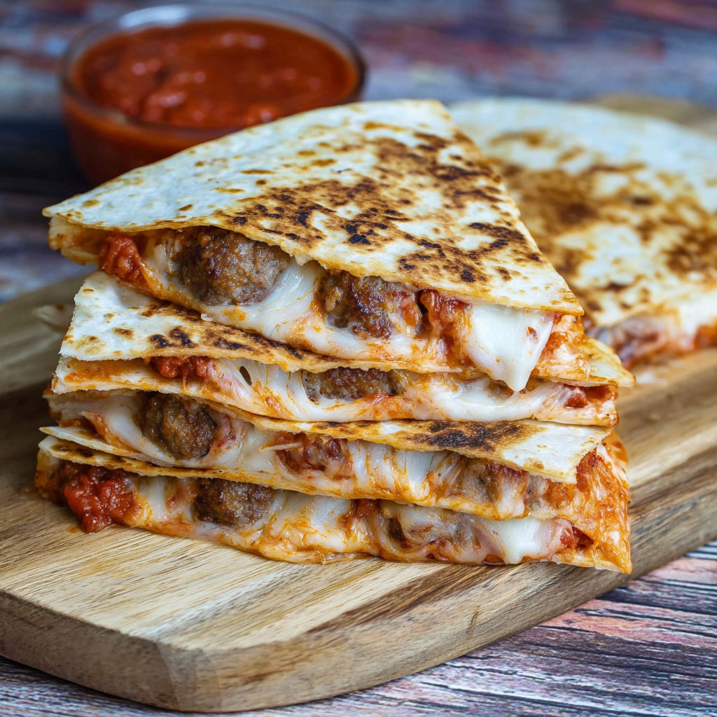 A stack of three quesadillas with meat and cheese, served with a side of marinara sauce.