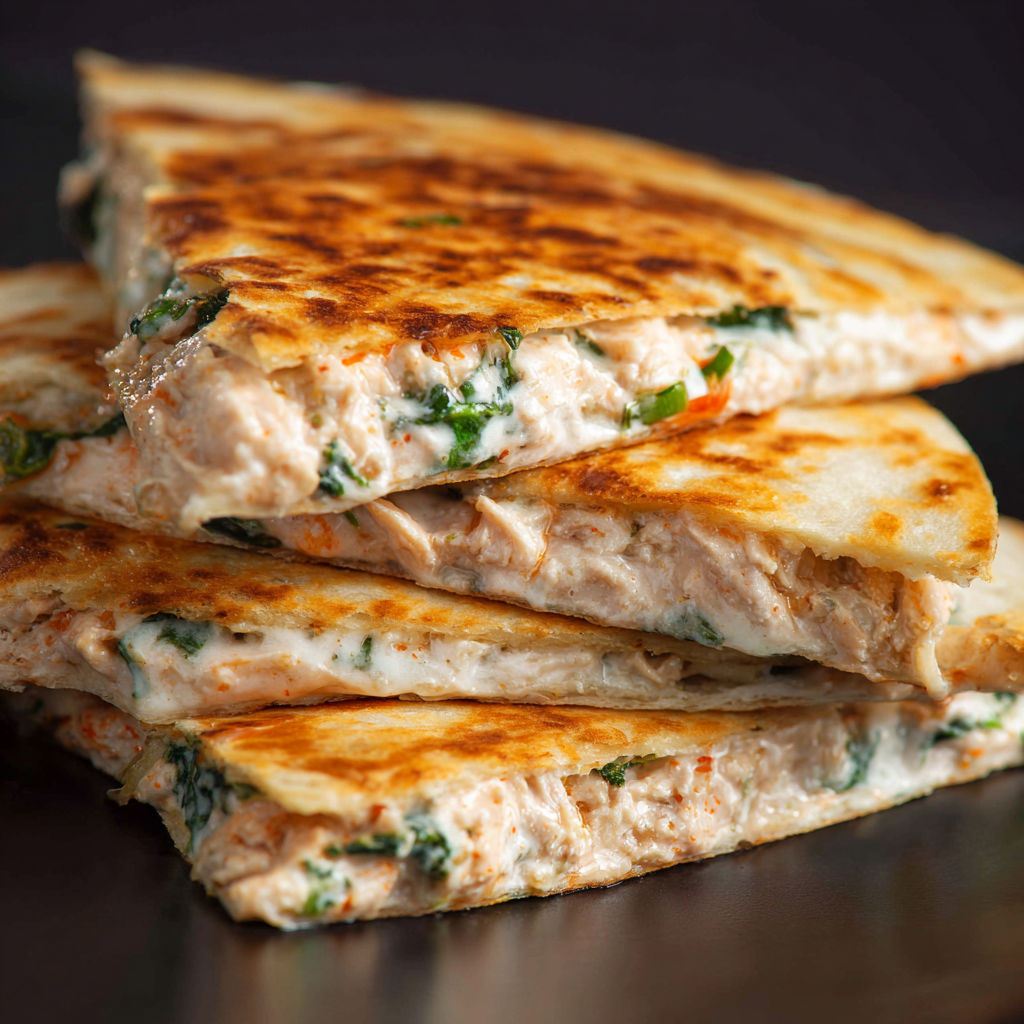 A stack of three quesadillas with tuna and vegetables, served with a side of Sriracha sauce.