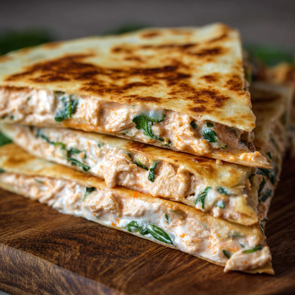 A stack of three fish and vegetable wraps on a wooden cutting board.