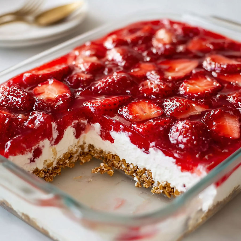 A slice of strawberry cheesecake with a crumb topping.