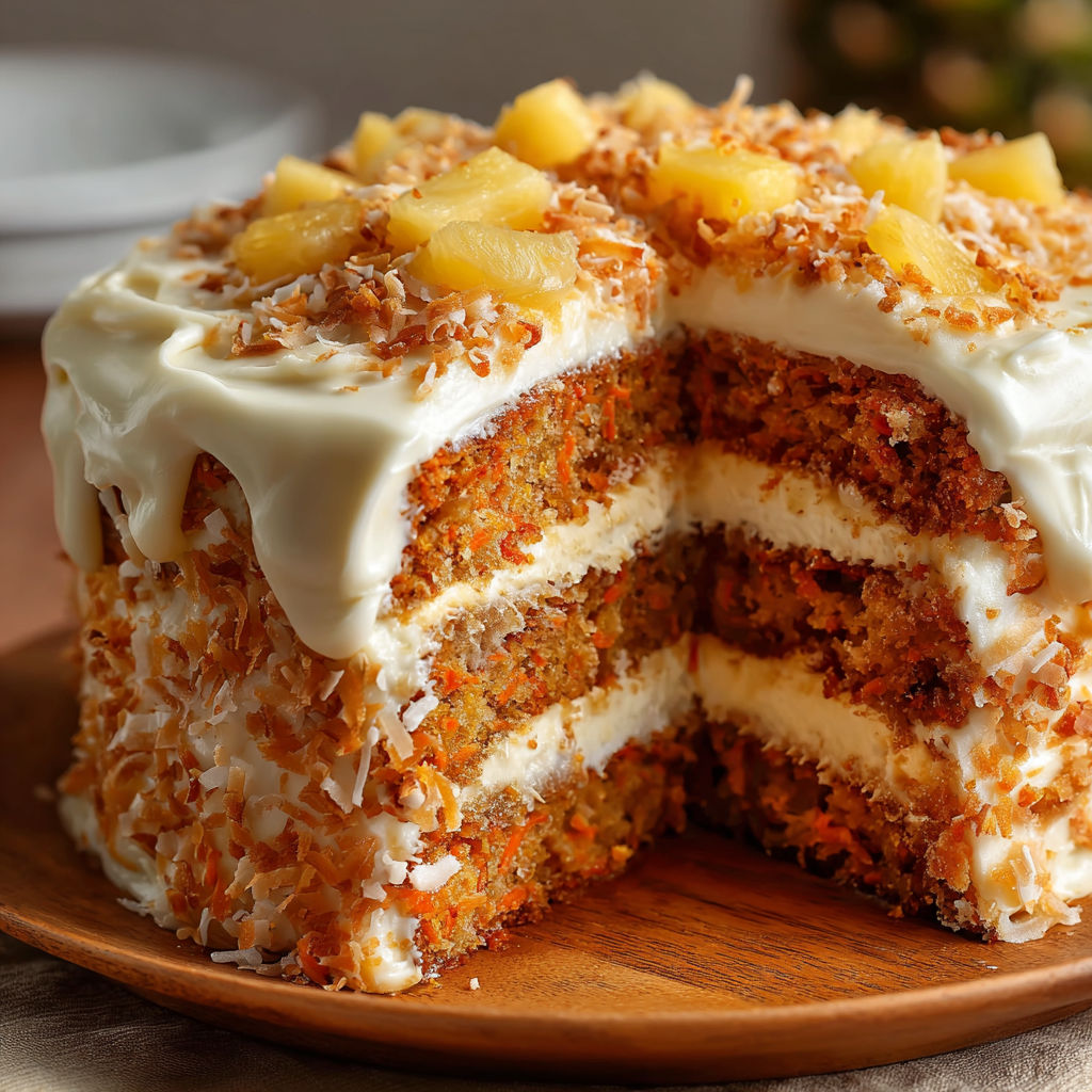 A slice of Hawaiian Carrot Pineapple Cake on a wooden board.
