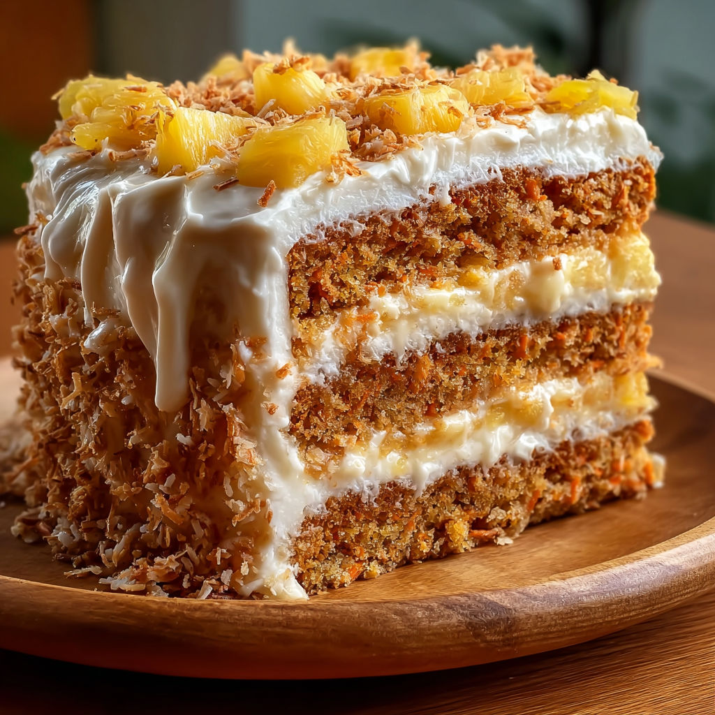 A slice of Hawaiian Carrot Pineapple Cake is displayed on a wooden platter.