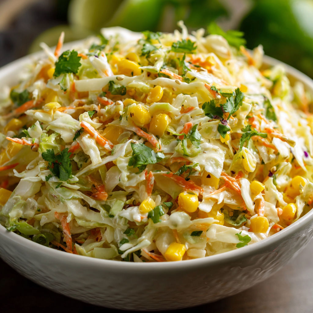 A white bowl filled with a salad containing cabbage, corn, and lime.
