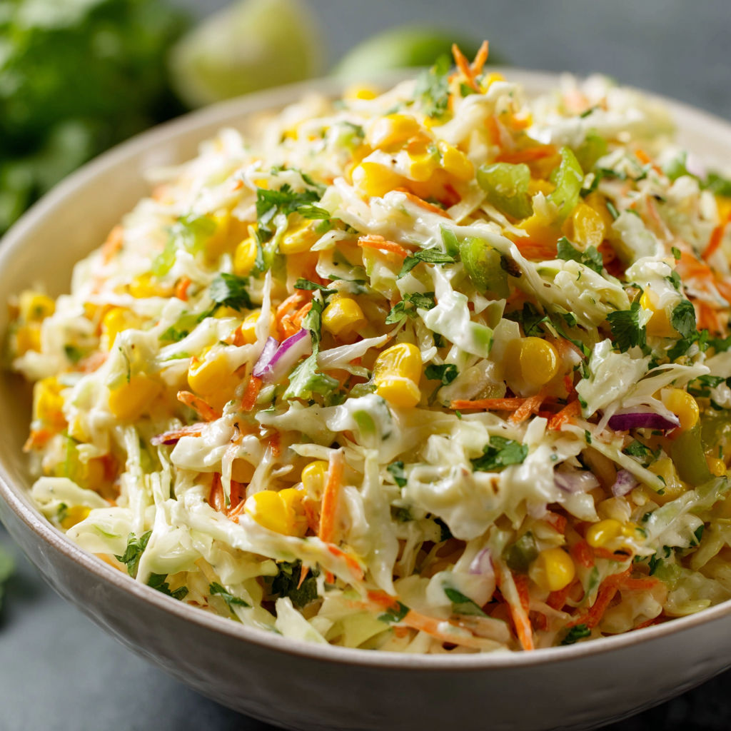 A bowl of coleslaw with a variety of vegetables, including corn, carrots, and limes.