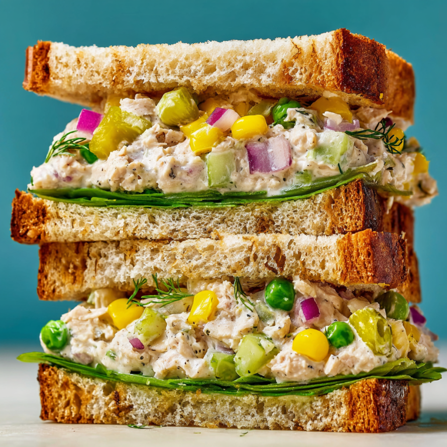 A stack of sandwiches with tuna salad and vegetables, reminiscent of the viral Matthew McConaughey tuna salad recipe.
