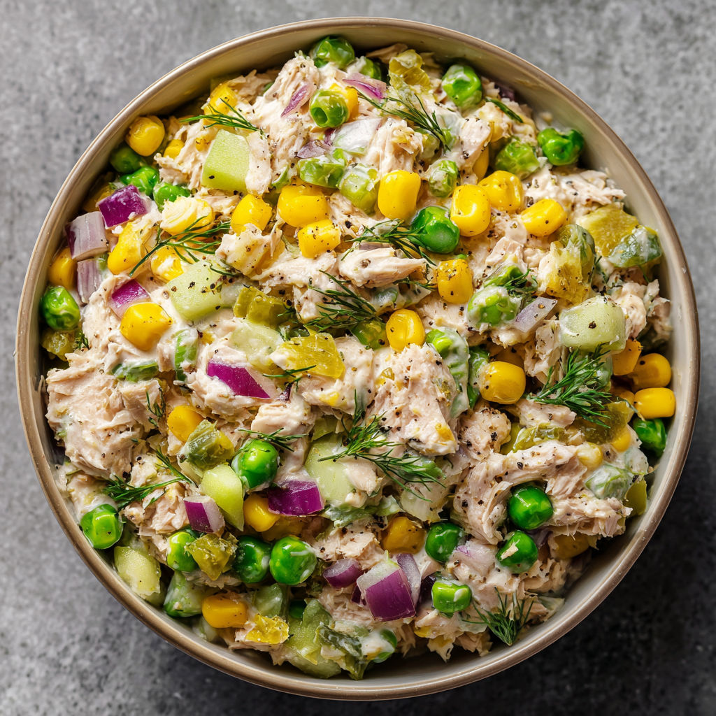 A bowl of chicken salad with peas, corn, and onions.