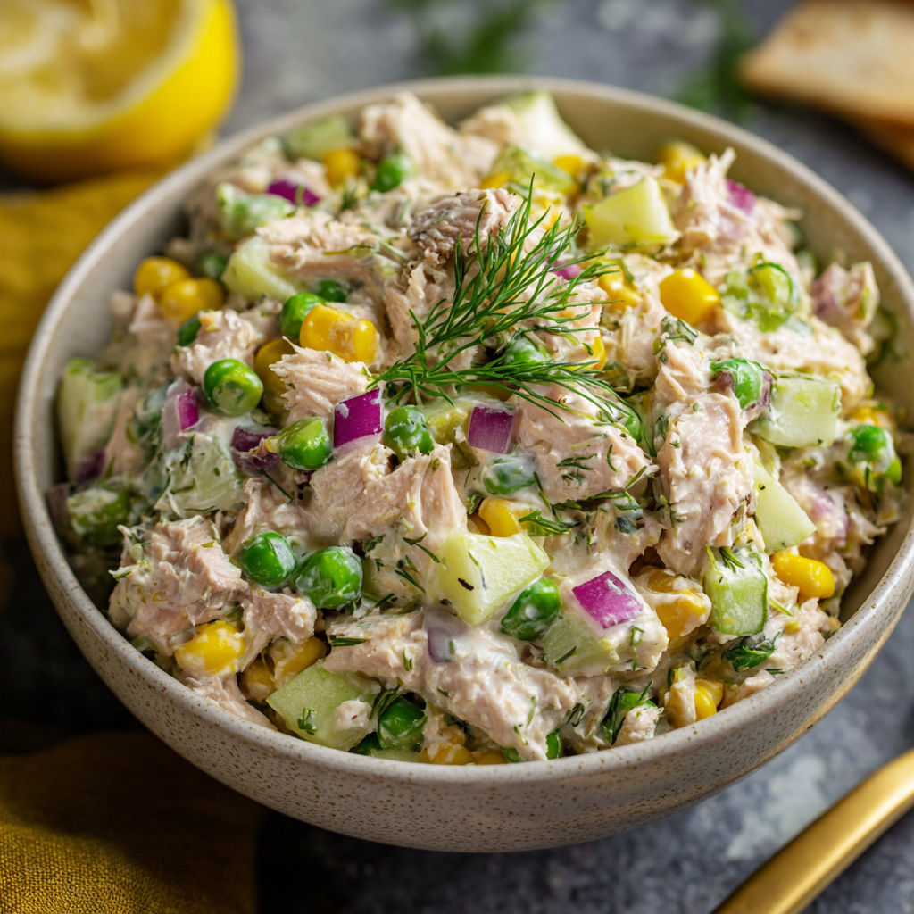 A bowl of chicken salad with peas, corn, and onions.