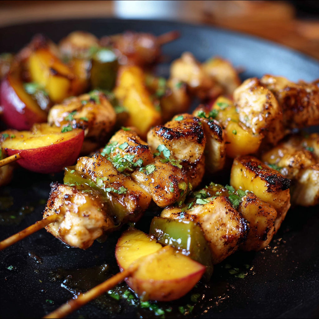 A delicious Jalapeno Peach Chicken Skewers recipe, featuring marinated chicken skewers with peaches and jalapenos, is presented on a black plate.