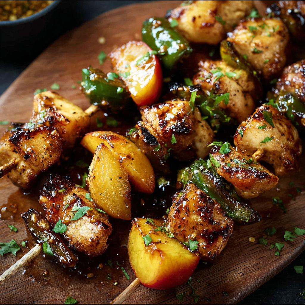 A delicious grilled chicken skewer with peppers and onions, served on a wooden platter.