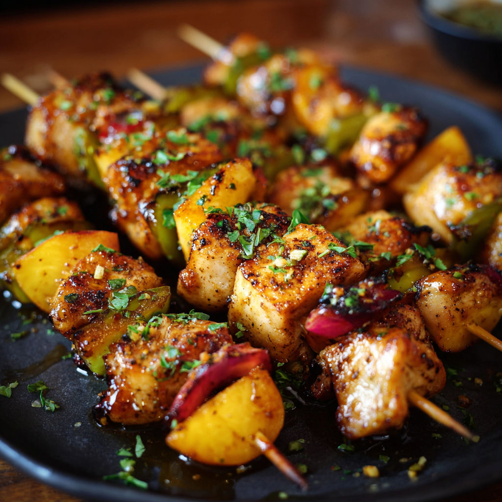 A plate of grilled meat skewers with peppers and onions, served with a side of dipping sauce.