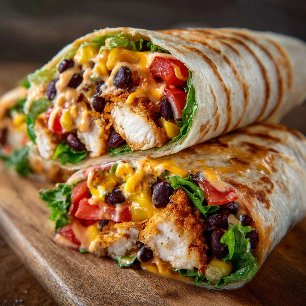 A delicious Southwest Chicken Wrap is displayed on a wooden cutting board.