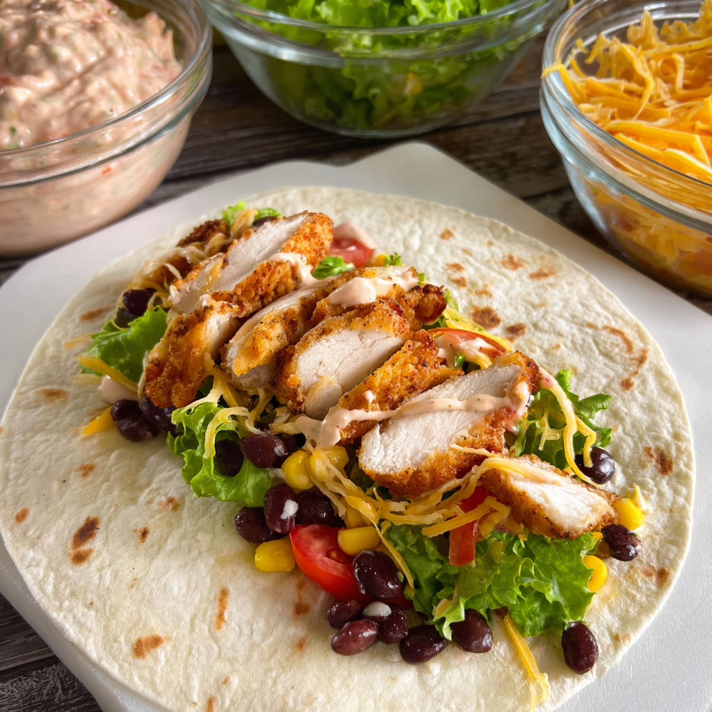 A delicious chicken and vegetable wrap is ready to be served.