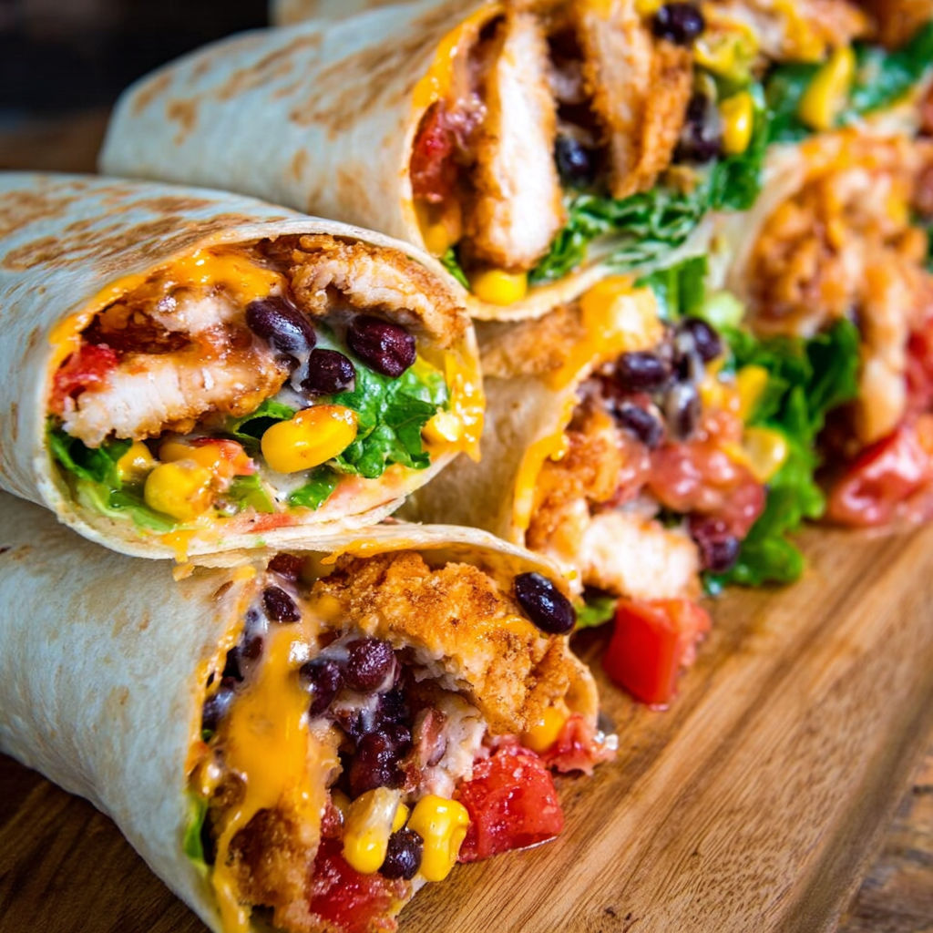 A delicious chicken burrito with beans, tomatoes, and lettuce is displayed on a wooden cutting board.