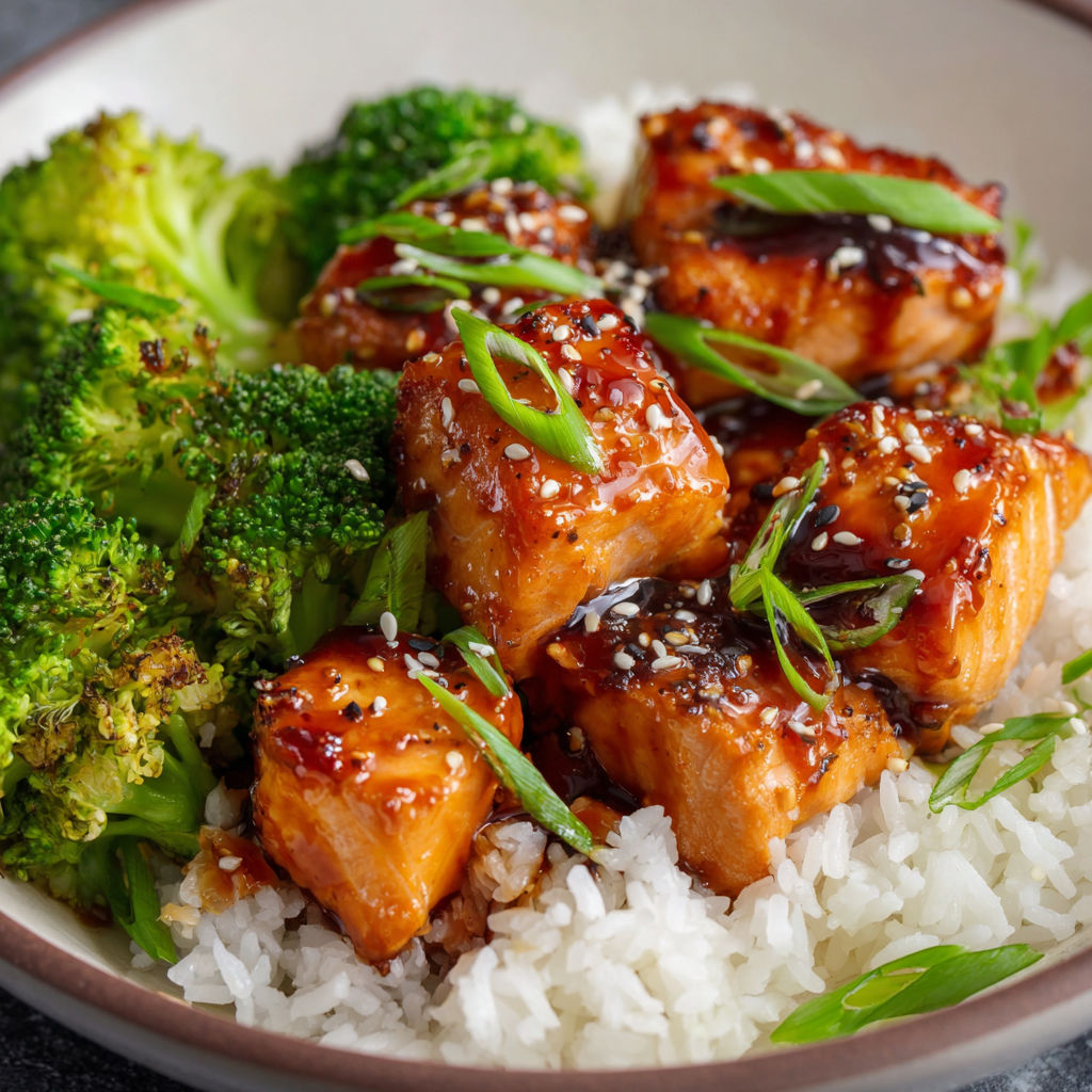 A bowl of rice and broccoli with a sauce, possibly teriyaki, on top.