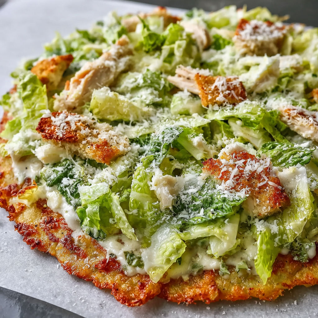 A pizza with chicken and vegetables on top, including lettuce and cheese.